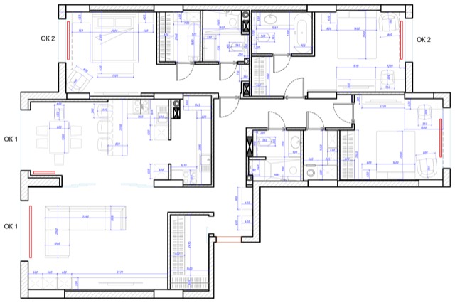 Обмерный CAD-план квартиры: стены и размерные цепочки